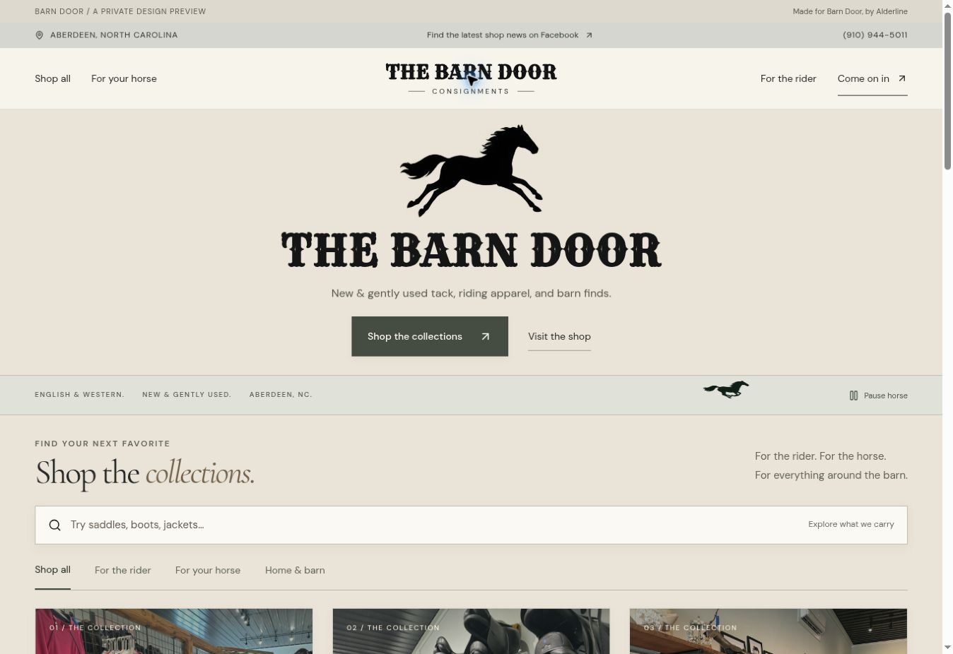 The Barn Door storefront concept, with a black horse silhouette, rustic lettering, and a sand-and-pewter palette