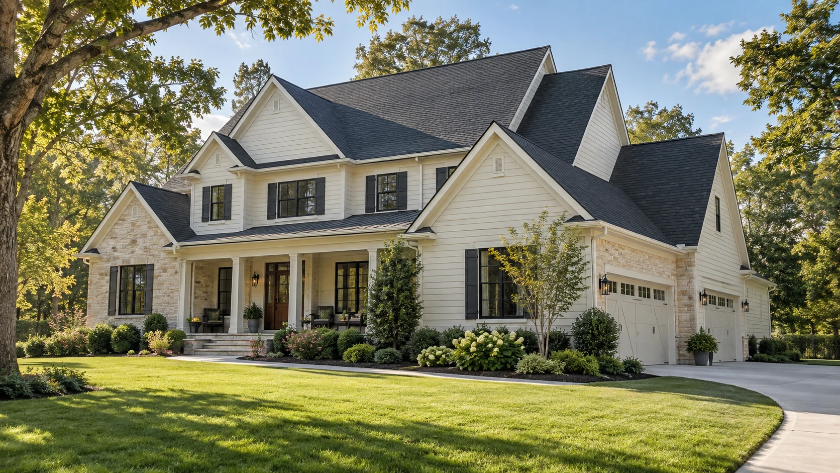 Cream home with a charcoal roof