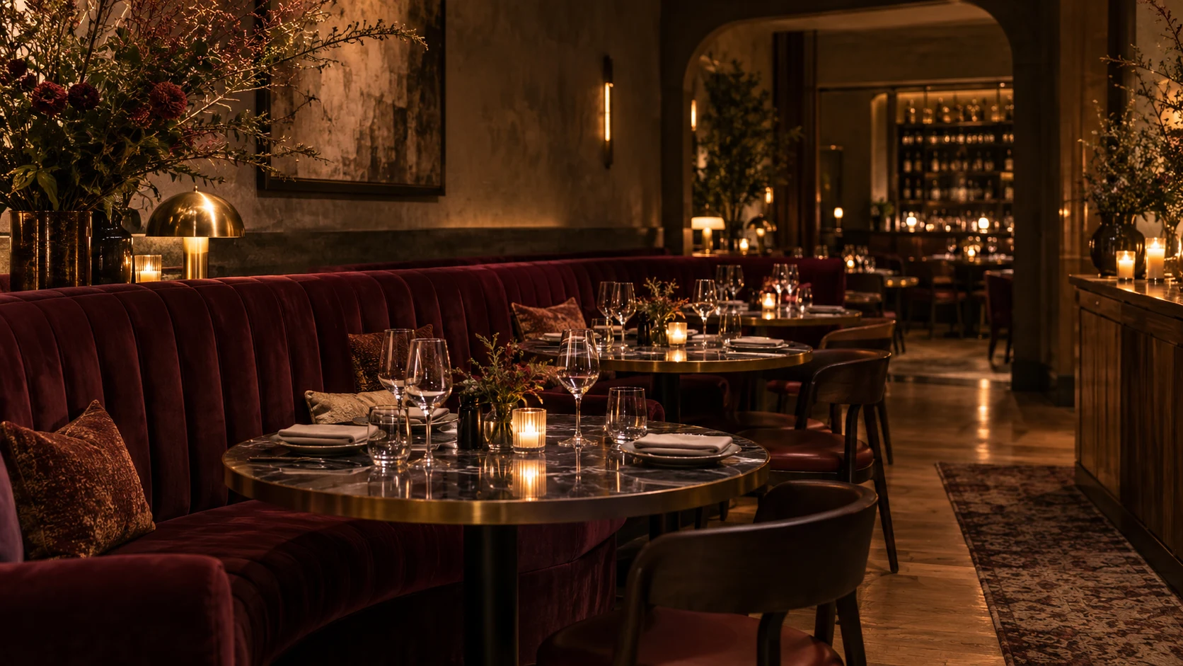 Candlelit dining room with burgundy seating